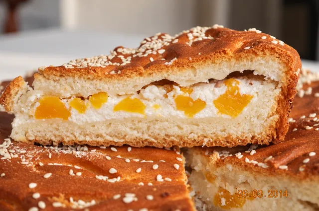Пирог с творогом и персиками (дрожжевой) Пирог с творогом и персиками (дрожжевой)